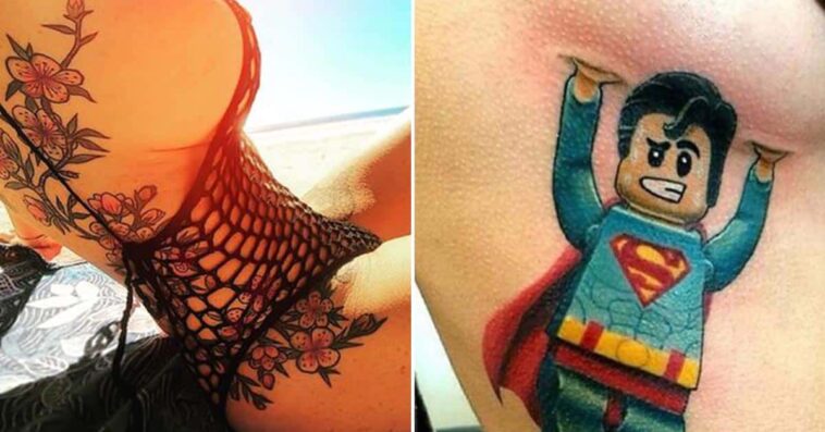flower side boob and superman lego holding up side boob tattoo