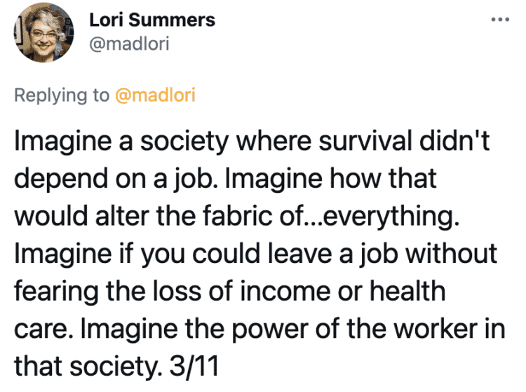 People should not have to work, UBI, universal basic income, countries with universal basic income, socialism, communism, capitalism, twitter thread, arguments for and against socialist policies, Lori Summers, viral