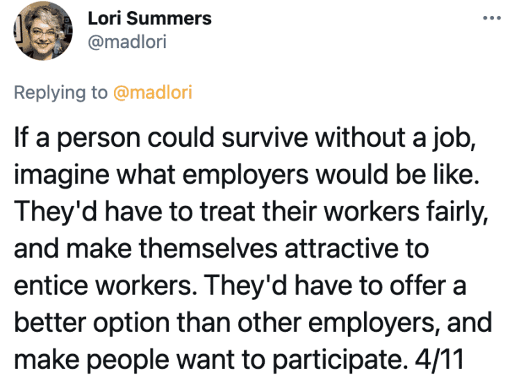 People should not have to work, UBI, universal basic income, countries with universal basic income, socialism, communism, capitalism, twitter thread, arguments for and against socialist policies, Lori Summers, viral