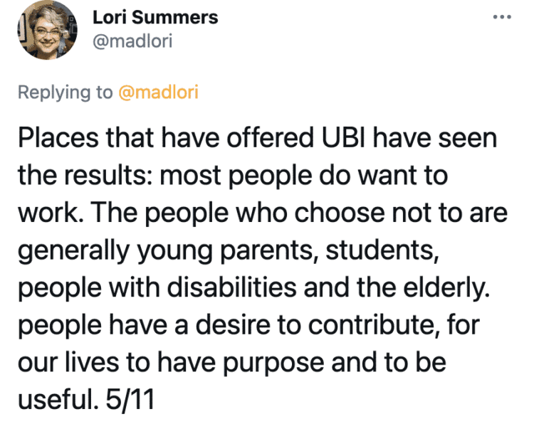 People should not have to work, UBI, universal basic income, countries with universal basic income, socialism, communism, capitalism, twitter thread, arguments for and against socialist policies, Lori Summers, viral