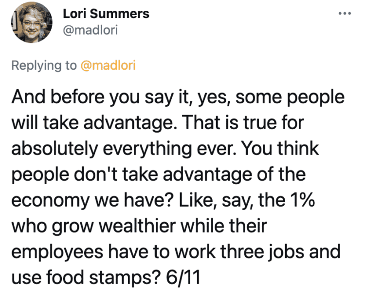 People should not have to work, UBI, universal basic income, countries with universal basic income, socialism, communism, capitalism, twitter thread, arguments for and against socialist policies, Lori Summers, viral