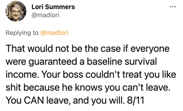 People should not have to work, UBI, universal basic income, countries with universal basic income, socialism, communism, capitalism, twitter thread, arguments for and against socialist policies, Lori Summers, viral