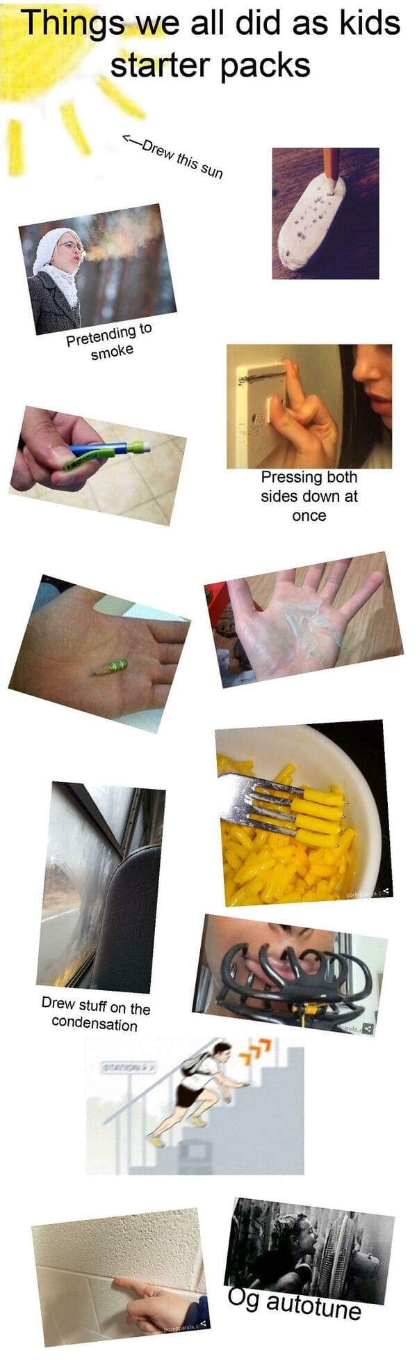 weird things we all did as kids starter pack poke holes in erasers mac and cheese fork swirl
