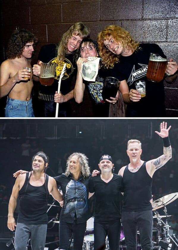 Metallica drinking beer backstage as kids, older and posing onstage, Photos of bands before they were famous, weird old photos, famous musicians when they were young, old pictures of band, wow, nostalgia, music, rock