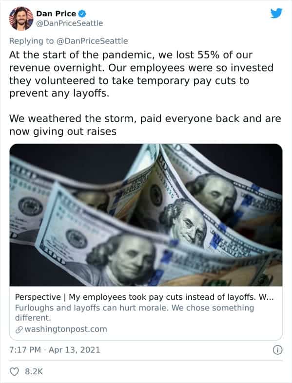 Dan Price CEO of Gravity Payments pay cut, Fox News mocks CEO for taking pay cut to pay his employees more, viral twitter thread about socialism, treating staff like people, the only good boss in the United States, pay cut CEO has last laugh, capitalism, socialist