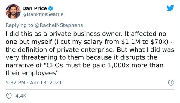 Dan Price CEO of Gravity Payments pay cut, Fox News mocks CEO for taking pay cut to pay his employees more, viral twitter thread about socialism, treating staff like people, the only good boss in the United States, pay cut CEO has last laugh, capitalism, socialist