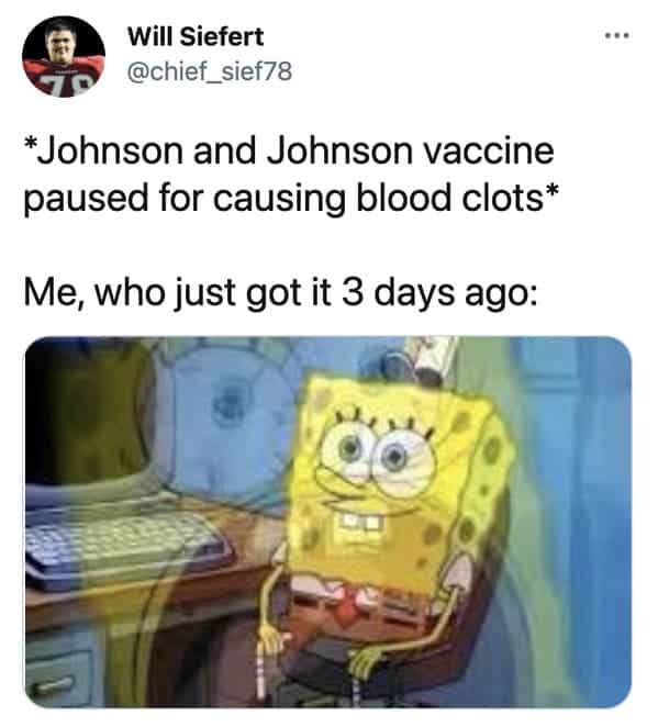 Funny memes about the Johnson and Johnson vaccine, J and J, Johnson vaccine, covid jokes, blood clots, pause on coronavirus vaccine, funny tweets, twitter memes, joke, lol