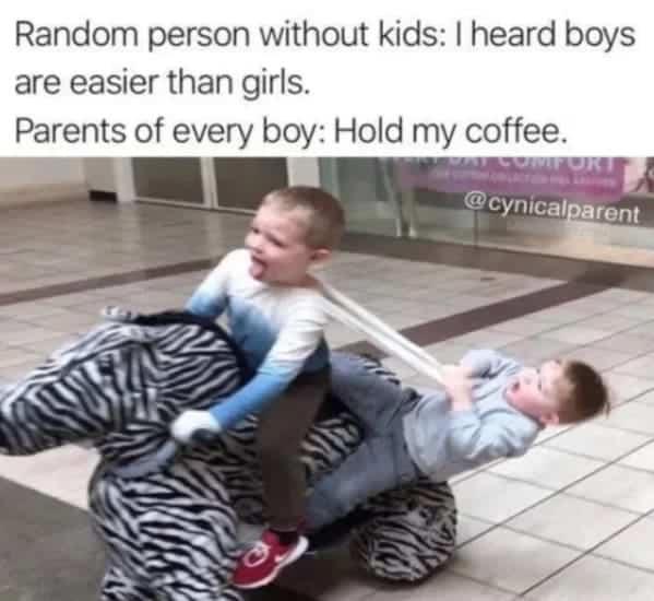 raising boys is easier, funny parenting memes, kids, jokes