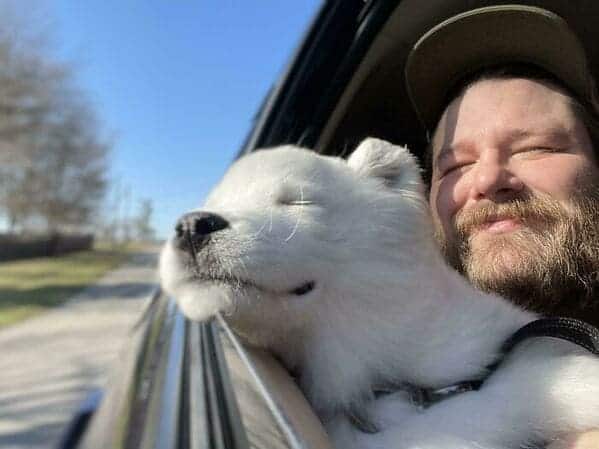 dog and owner in car window enjoying breeze